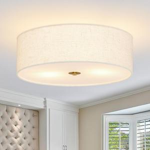 16 Inch Flush Mount Ceiling Light Fixture 3-Light Drum Modern Gold Ceiling Light Fixture Dimmable Close to Ceiling Light Fixture with Fabric Shade for Living Room Hallway Entryway Bedroom