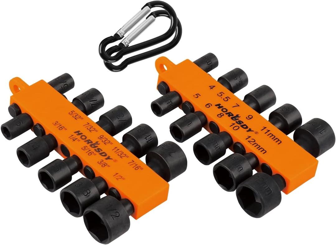 HORUSDY 22-Piece Power Nut Driver Set for Impact Drill, SAE and Metric, 1/4 Nut Driver Hex Keys, Hex Head Drill Bit Set