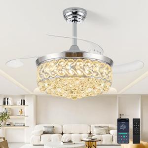 48 Crystal Fandelier Ceiling Fan with Light, Retractable Ceiling Fans Chandelier Fan with Retractable Blades Dimmable Crystal Ceiling Fan Chandelier Fans for Bedroom Living Room-Chrome