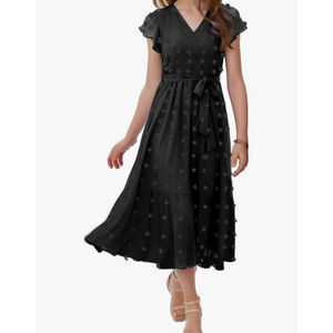Girls Bohemian Dresses Casual V Neck Ruffle Cap Short Sleeve Swiss Dot A-Line Belt Pleated Hem Maxi Long Sun Flowy Dress Size 13-14 Y Girls Bohemian Dresses Casual V Neck Ruffle Cap Short Sleeve Swiss Dot A-Line Belt Pleated Hem Maxi Long Sun Flowy Dress Size 13-14 Y