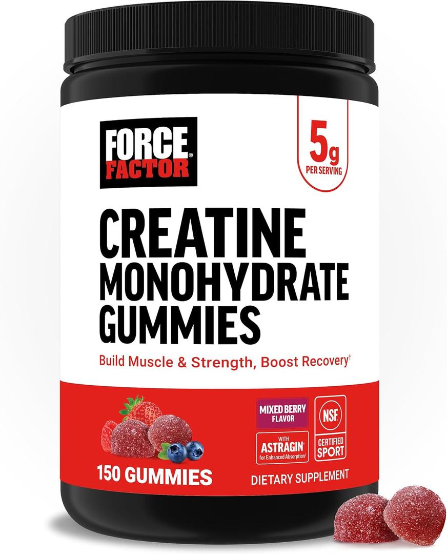 Force Factor Creatine Monohydrate Gummies, NSF Certified, 5g Dose for Men & Women to Support Muscle, Strength, Recovery, Cognitive Health & Memory, Mixed Berry, 150 Gummies (EXP 12/01/26)