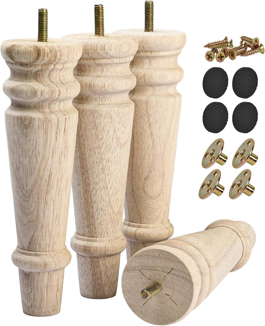 8 inch / 20cm Wooden Furniture Legs, Pack of 4 Unfinished Solid Wood Round Turned DIY Replacement Feet with M8 Hanger Bolts & T-Nuts for Sofa Couch Cabinet Recliner Ottoman Riser TV Stand