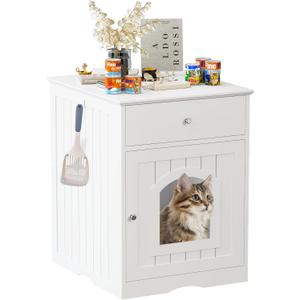 Litter Box Enclosure, Hidden Cat Litter Box Cabinet with Drawer, Wooden Pet Crate, Litter Box Furniture as Cat House, End Table, Fit Most of Litter Box (White) Litter Box Enclosure, Hidden Cat Litter Box Cabinet with Drawer, Wooden Pet Crate, Litter Box Furniture as Cat House, End Table, Fit Most of Litter Box (White)