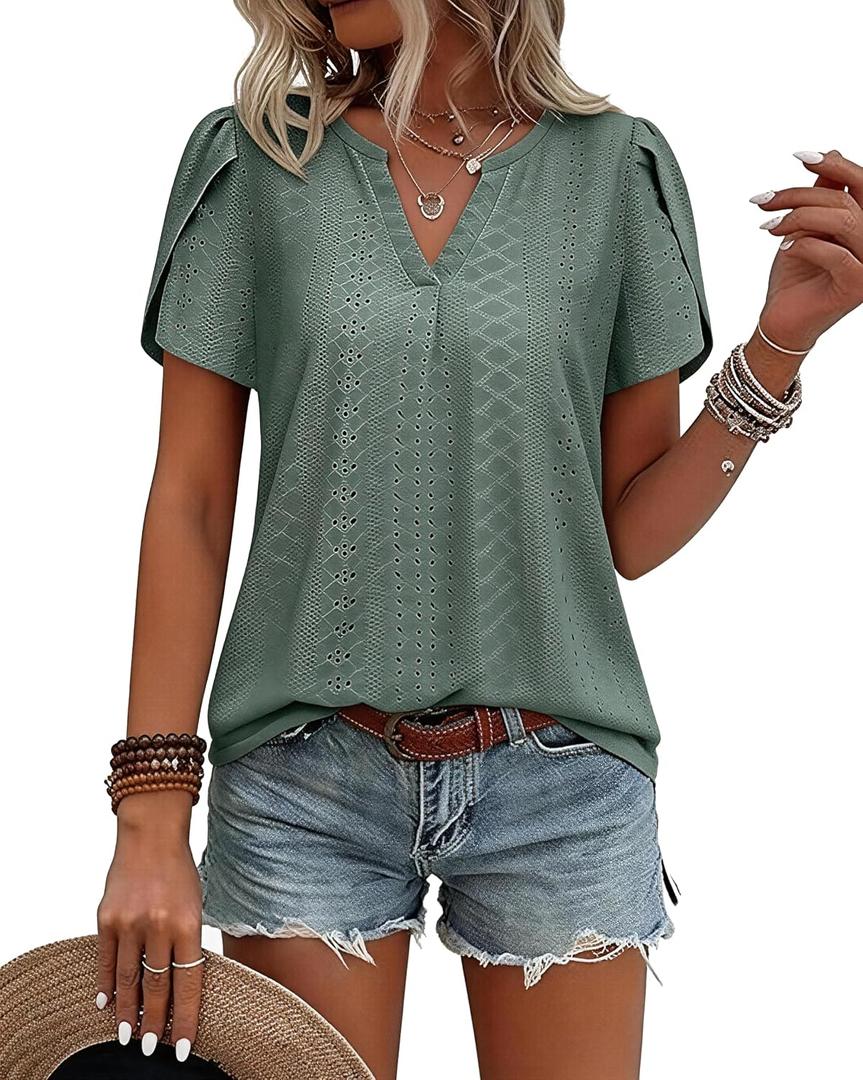 Bulotus Women Summer Tops Boho Short Sleeve Blouse Business Casual Tops Loose Fit Floral Tunic Beach Vacation Oufits (Green, M)