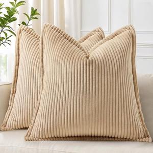 decorUhome Summer Corduroy Light Brown Euro Sham Throw Pillow Covers 24x24 Set of 2 Decorative Soft Boho Farmhouse Couch Pillow Covers for Living Room Bed Sofa Broadside Striped Pillow Cases