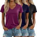 Ficerd 3 Pack Women's V Neck T Shirts, Summer Casual Short Sleeve Tops Loose Fit Rolled Sleeve Tees Trendy Shirts, M