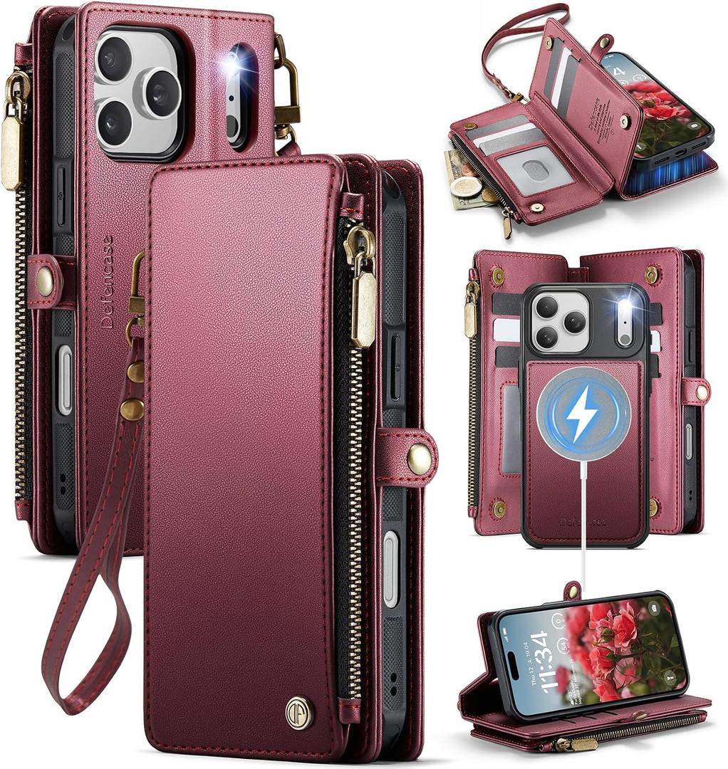 Defencase for iPhone 17 Pro Max Magnetic Wallet Case Compatible with Magsafe with RFID Blocking Zipper & Card Holder for Women Men PU Leather Strap Detachable Case for iPhone 17 Pro Max 6.9", Wine Red