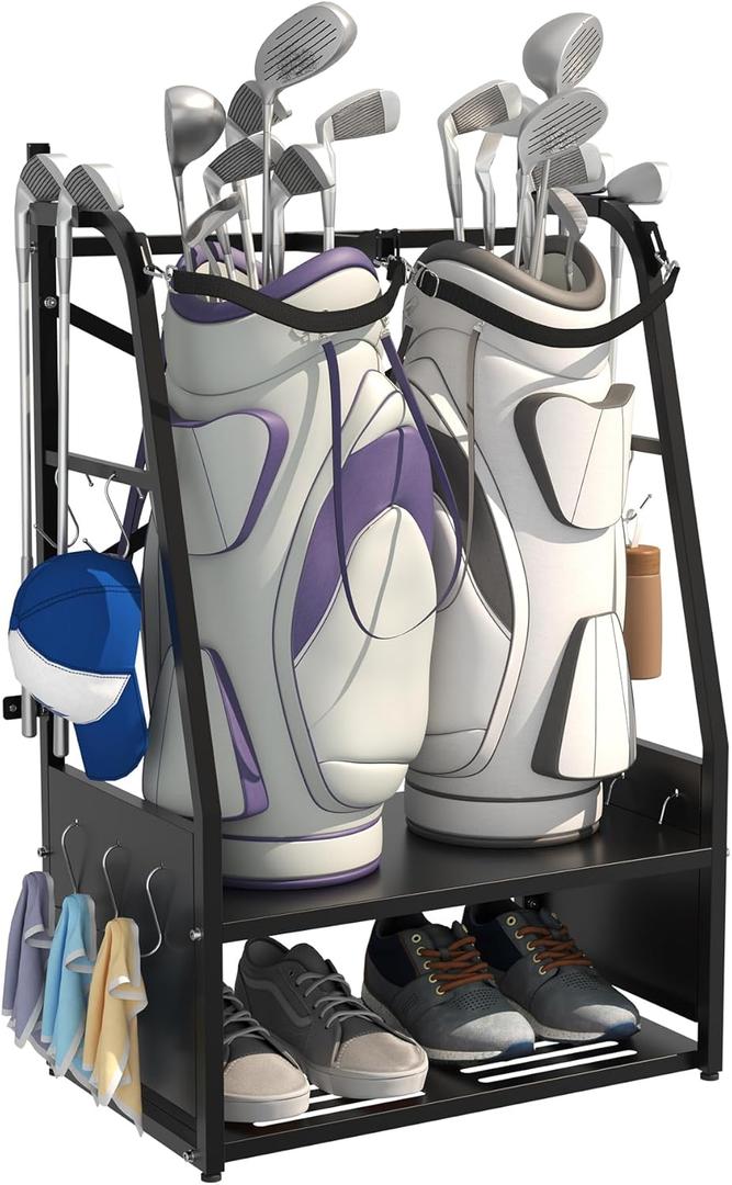 Golf Bag Organizer - Wall Mount & Freestanding - Holds 2 Golf Bags w/ 4 Club Racks, 10 Hooks & Storage Shelf - Golf Bag Stand w/Adjustable Feet for Garage, Store, Club, Shed