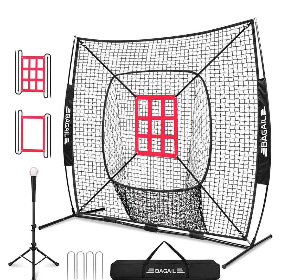 BAGAIL 7x7 ft Baseball & Softball Practice Net with Bow Frame for Batting, Hitting, Pitching, Portable Baseball Throwing Net with 2 Strike Zone Batting Tee, Carry Bag, Great for All Levels