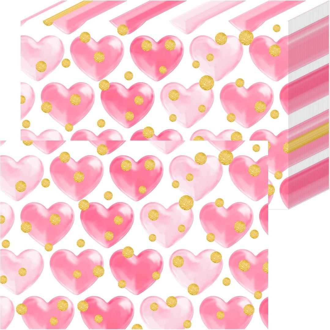 Sweet Hearts Valentine's Day Placemats, 50 Count Disposable Pink Heart Table Mats with Yellow Dots for Anniversary, Wedding Party Dinner Romantic Dining Decor