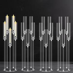 4Pcs 5 Arms Acrylic Candelabra Centerpieces for Tables Decortion,Clear Candle Holder for Wedding Dinner Fireplace Decoration,35 inches Tall Candlesticks Holder with Lampshade, Fits LED Candle