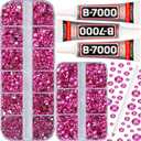 b-7000 Glue on 7500Pcs Hot Pink Rhinestones Flatback for Crafts Clothing Clothes Fabric Shoes Jerseys, Crystals Diamonds Gems Flat Back Rhinestone Kit Multi Sizes SS 6 to SS 20 (Small Pack + 3pcs Glue)