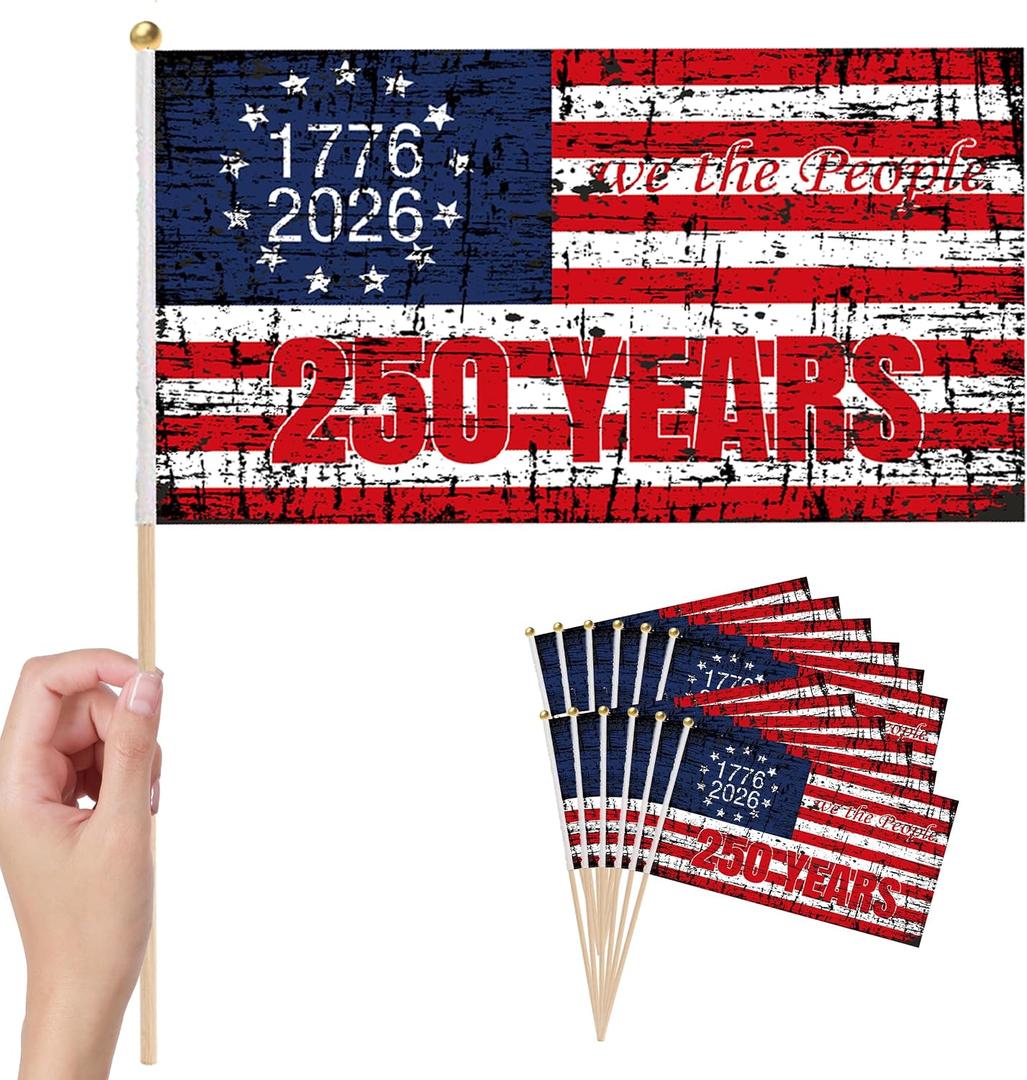 50 Pcs 250 Anniversary Small Stick Flags 250 Year American Anniversary flag Handheld Flag for Outside 4th of July Independence Day Patriotic Signs Hand Held Flags for Room House Welcome Lawn Backdrop Parade (C Flag, 50 Pcs)