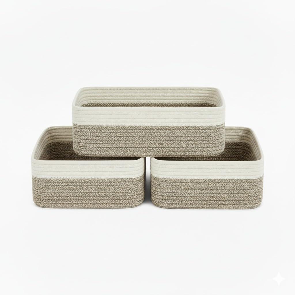 Storage Baskets for Organizing 3 Pack, Woven Baskets for Storage 15"x11"x5.1", Shelf Basket Closet Basket Empty Gift Baskets Woven Storage Bins, White & Mixed Brown