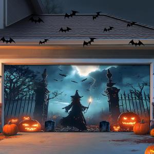 Brightown Halloween Garage Door Cover 7 x 16 FT Decorations, with Magnetic Hook and Elastic Cord for Easy Installation, Large Banner Backdrop for 2 Car Garage Door Party Wall Door Gate (Blue)