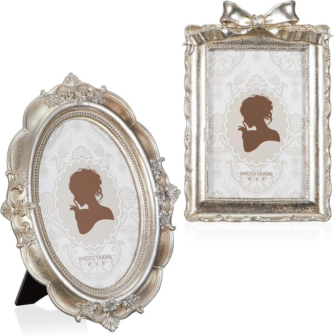 Qunclay 2 Pcs Vintage Picture Frames Antique Baroque Ornate Resin Rectangle Oval Photo Frames with Glass Front Tabletop and Wall Decor for Home Wedding Christmas Party Decor (Silver, 4 x 6 Inches)