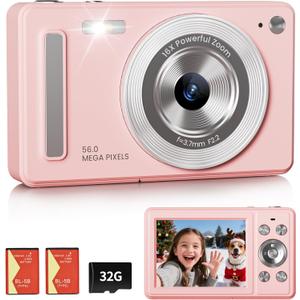 Digital Camera, FHD 1080P Point and Shoot Camera with 32GB SD Card, 2 Batteries, 16X Zoom, Anti Shake, Compact Small Design for Kids Teens Students Girls Boys (Pink)