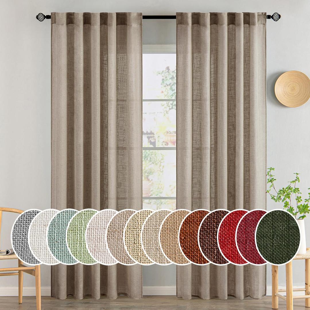 MIULEE Taupe Grey Linen Curtains 84 Inch Length 2 Panels for Bedroom Living Room, Soft Linen Textured Window Drapes Semi Sheer Light Filtering Back Tab Rod Pocket Farmhouse Modern Burlap Look Decor
