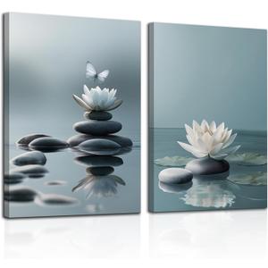 CGXY Zen Stones Spa Wall Art White Lotus Floral Bloom on Stone in Water Picture for Zen Office Meditation Posters, Yoga Spa Meditation Spiritual Room Decor Modern Framed Spiritual Artwork 16"x24"x2