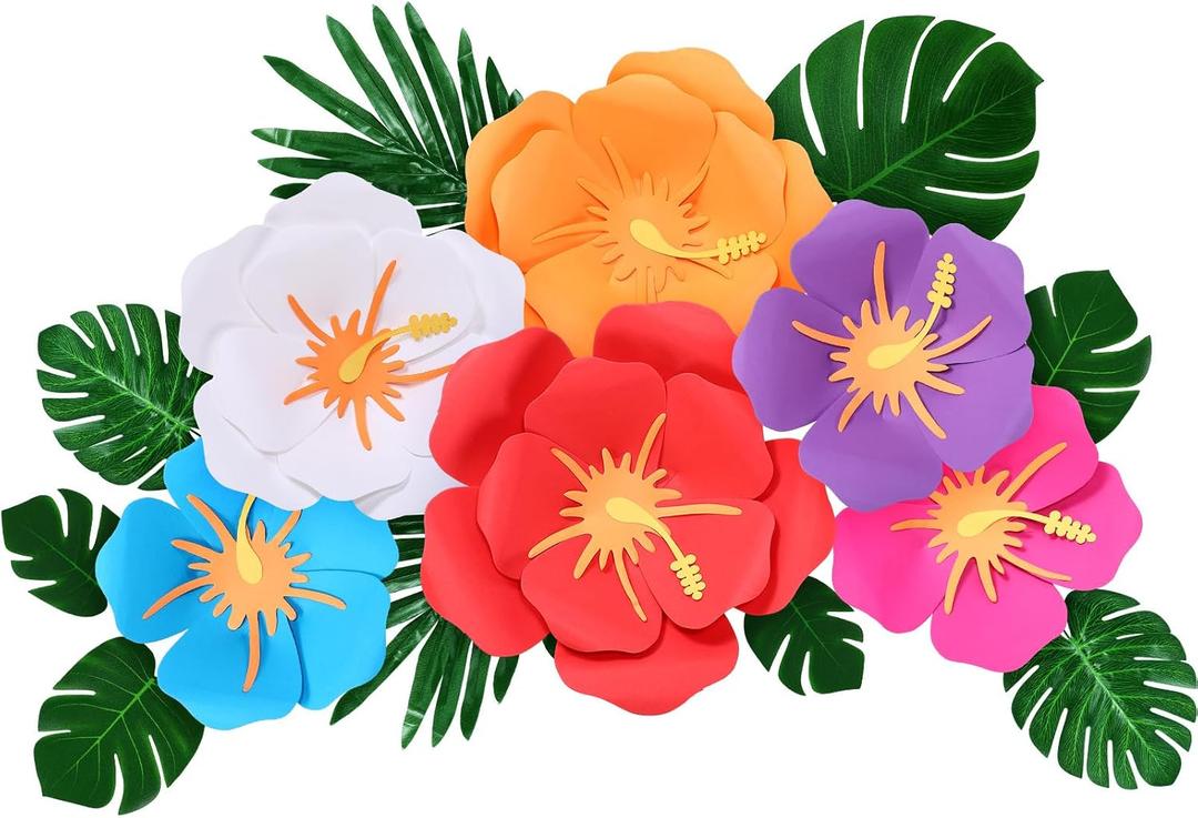 Lincia 40 Pcs Hawaiian Hibiscus Decorations Large Paper Flowers and Artificial Tropical Leaves, 11.8''/7.9'' Jumbo 3D Paper Flowers Faux Leaves for Luau Party Birthday Wedding (Rainbow Color)