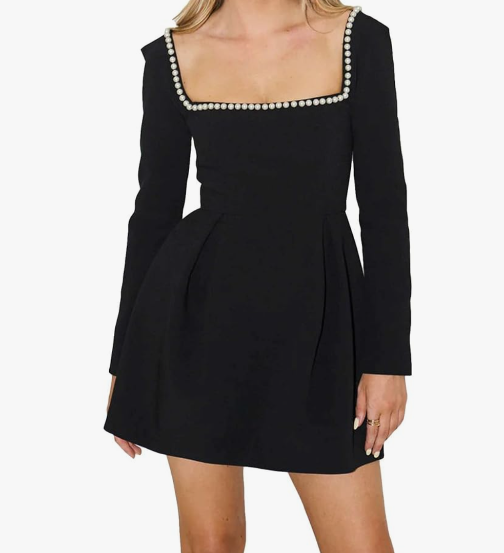 Women's Long Sleeve Mini Dress Pearl Square Neck Ruffle Hem Short Dress Bride Party Club Elegant Dresses