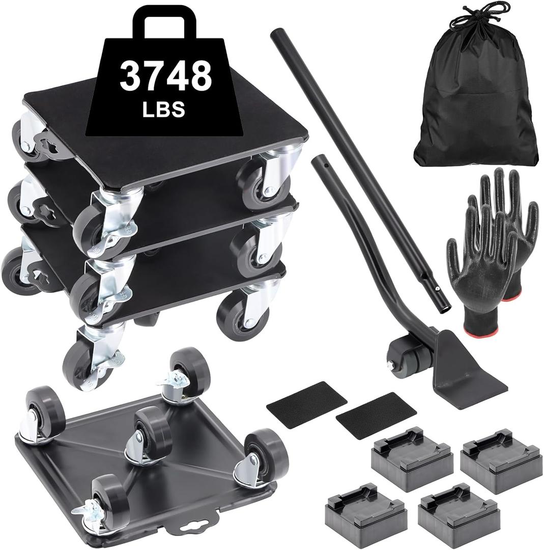 7.87" Heavy Furniture Movers, Lifter with 4 * 360 Wheels Movers Tools Carbon Steel Base with 2 Brake Heavy Duty Easy Moving Refrigerator Sofa Load 3747LB/1700KG Weight -Furniture Lifter & Pads (Xlarge)