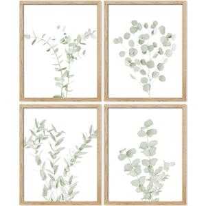SIGNWIN Framed Pastel Watercolor Green Leaves Wall Art, Set of 4 Nature Wilderness Wall Decor Prints, Botanical Floral Wall Dcor for Living Room, Bedroom - 12"x16" Natural
