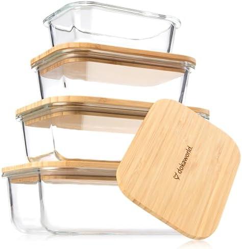 dokaworld Set of 4 Stackable Space-Saving Nesting Glass Containers with Airtight Bamboo Lids - Lunch, Meal & Food Prep - Microwave & Oven Safe BPA Free Durable Heat Resistant Inert Borosilicate Glass