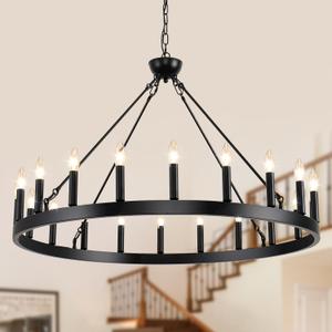 Wagon Wheel Chandeliers 40" 20-Light, Black Modern Farmhouse Chandelier with Adjustable Height, Hanging Island Light Fixture for Dining Living Ceiling Room Outdoor
