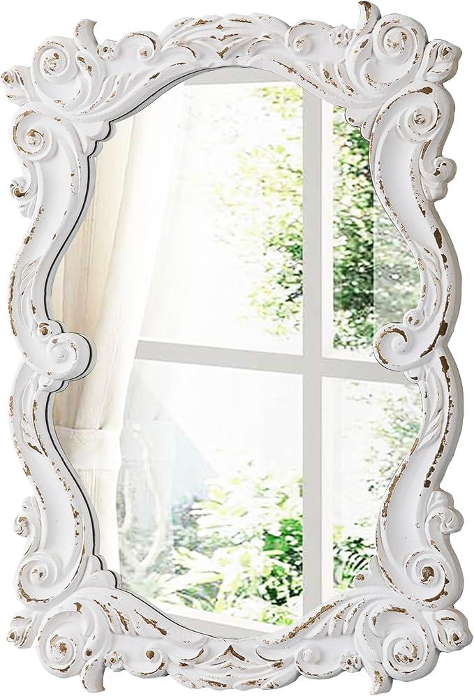 Vintage Mirrors for Wall Decor 16 X 24 Inch, Distressed White | Hanging Carved Wood Wavy Antique Oval Mirror, Rustic Curvy Mirror for Entryway Bathroom, Horizontal or Vertical