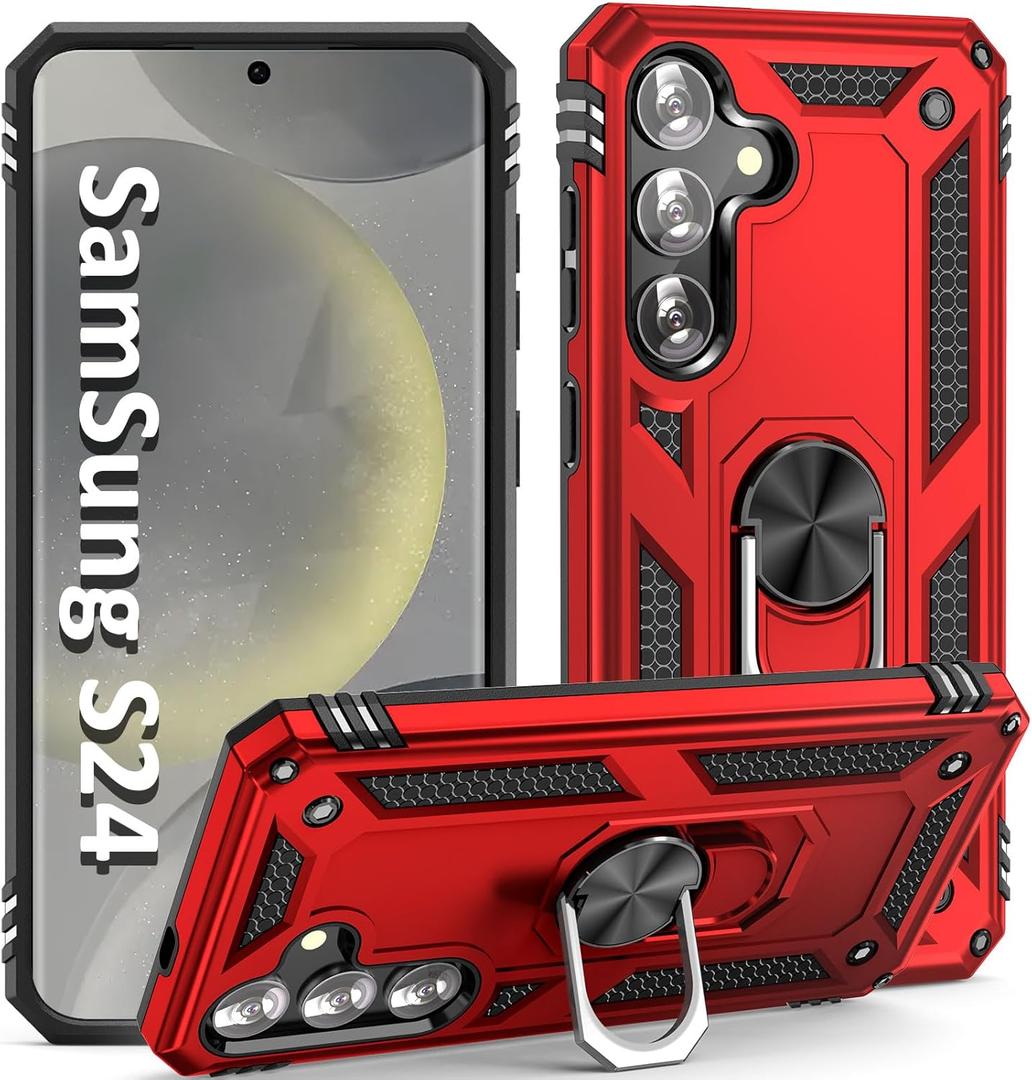 S24 Case,S25 Case, for Samsung Galaxy S24/S25 6.1 inch Case,with Kickstand Ring,Adjustable Stand,Military Grade,Heavy Duty Protection,Shockproof,Anti-Fingerprint,Support Magnet Car Mount,Red