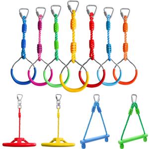 Craft Ninja Warrior Obstacle Course Accessories Kids Outdoor Play - 7pc Rings, 2pc Swing Trapeze Wheels & 2pc Monkey Bars