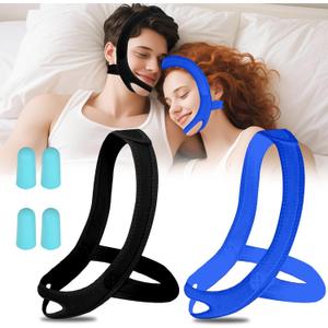 Anti Snoring Chin Strap for Sleeping, 2 Pack Adjustable Jaw Support Strap to Keep Mouth Closed, Soft Snoring Solution for Men Women, Stops Snoring Dry Mouth, Comfort Fit Nighttime Sleeping Aid (Black+blue)
