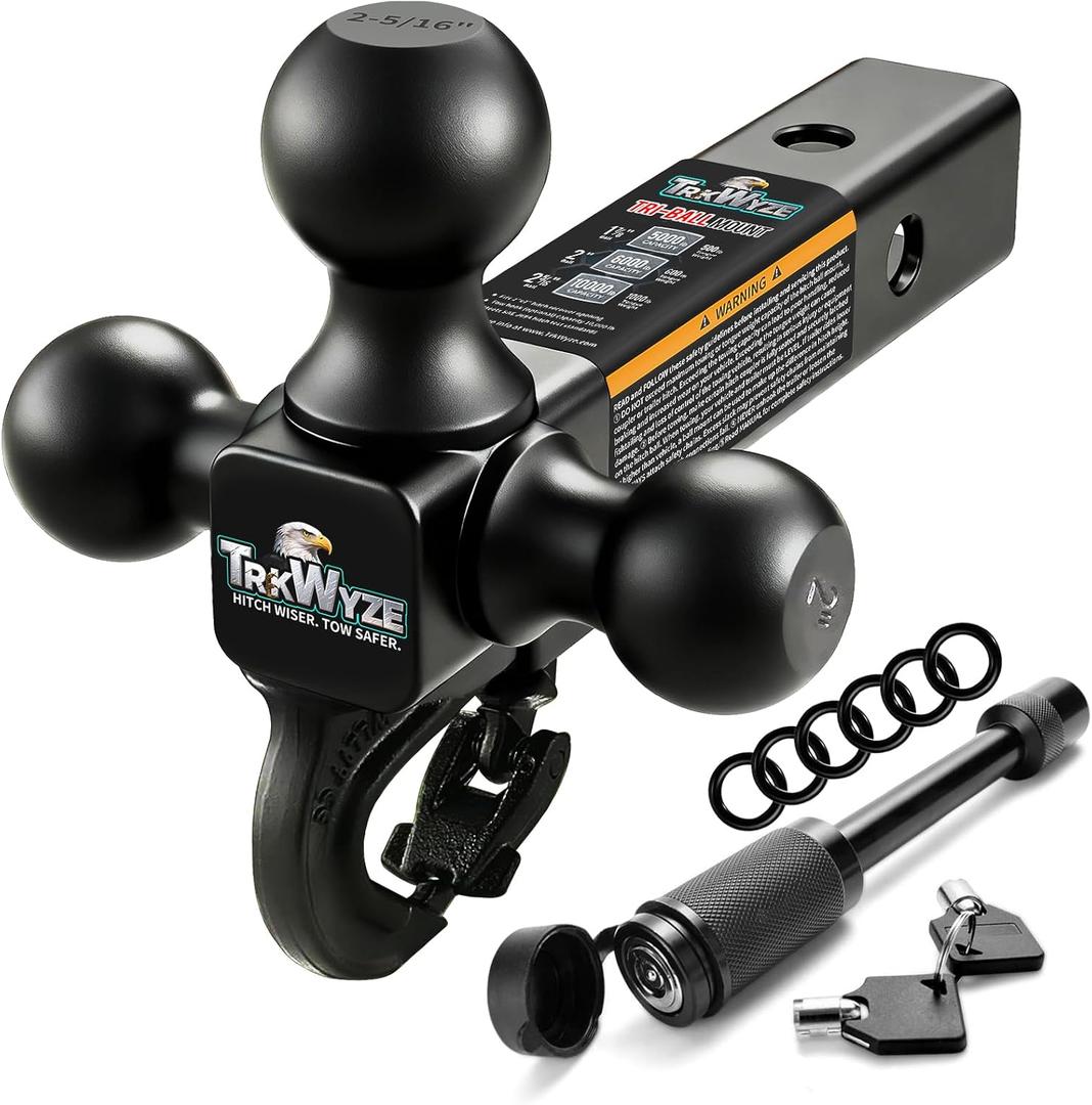 Trailer Hitch, Premium Black E-Coated Tri Ball Hitch with Tow Hook, 1 7/8 Ball Hitch, 2 inch Ball Hitch, 2 5/16 Ball Hitch, Rust-Resistant 2 inch Receiver Hitch, 10,000 lbs GTW (Locking Pin)