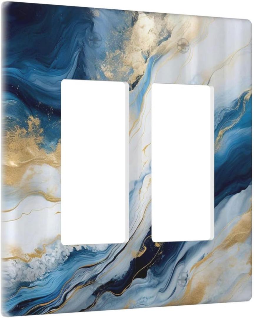 Abstract Blue Granite Luxury Watercolor Marble Texture Print 2 Gang Rocker Decora Light Switch Covers Decorative Unique Dual Outlet Covers Wall Plate Electrical Faceplate Switchplate GFCI for Kitchen
