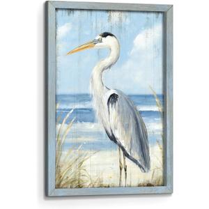 Heron Wooden Framed Wall Art: Coastal Beach Sea Bird Seascape Prints Artwork Blue Ocean Seashore Painting Picture for Bathroom Bedroom Home Office 11 x 16 Inch