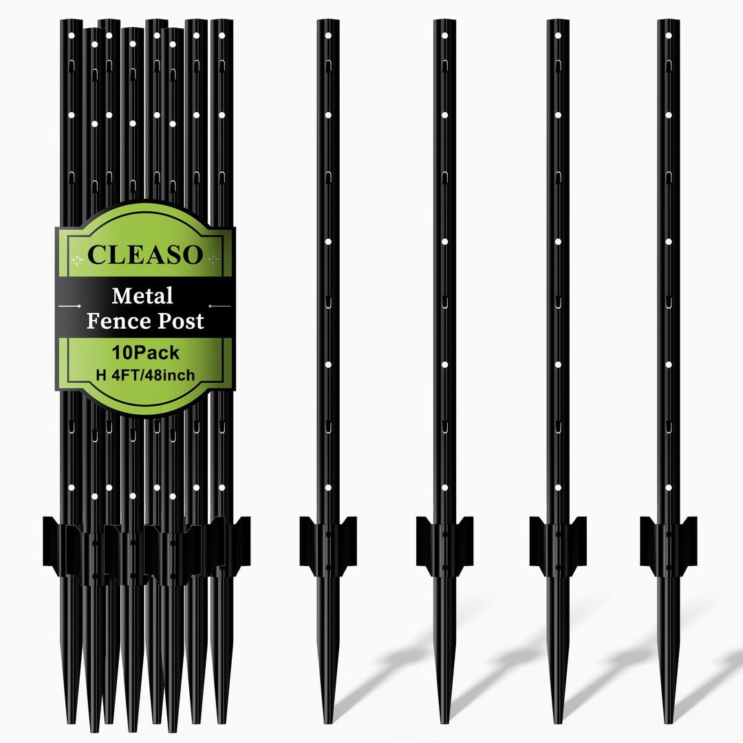 Metal Fence Posts 3 FT Black (Pack of 10) Heavy Duty U Post for Wire Fencing, Rustproof Powder-Coated Steel Fence Stakes, No-Dig Fence Posts for Farm, Orchard, Yard & Temporary Fencing