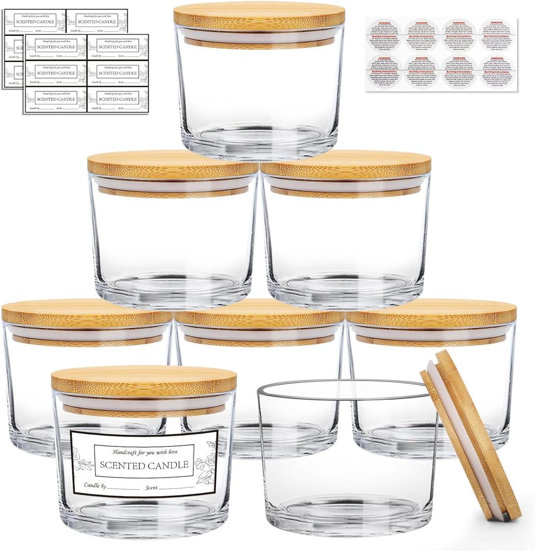 CONNOO 8 Pack 12 OZ Clear Glass Wide Mouth Candle Jars for Making Candles with Airtight Bamboo Lids Nice Sticky Warning Labels for Candle Making Empty Container Bulk - Dishwasher Safe