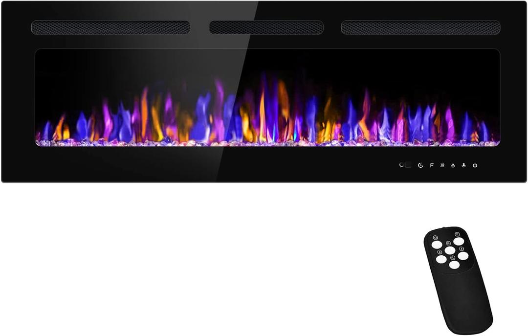 50" Electric Fireplace Wall Mounted and Recessed with Remote Control, 750/1500W Ultra-Thin Wall Fireplace Heater W/Timer Adjustable Flame Color and Brightness, Log Set & Crystal Options