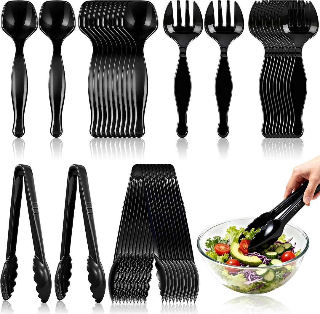 Disposable Plastic Serving Utensils Set, Black Spoons, Forks, Tongs, 9-Inch for Party Buffet Catering Events, Heavy Duty and Ergonomic Design (36, Black)
