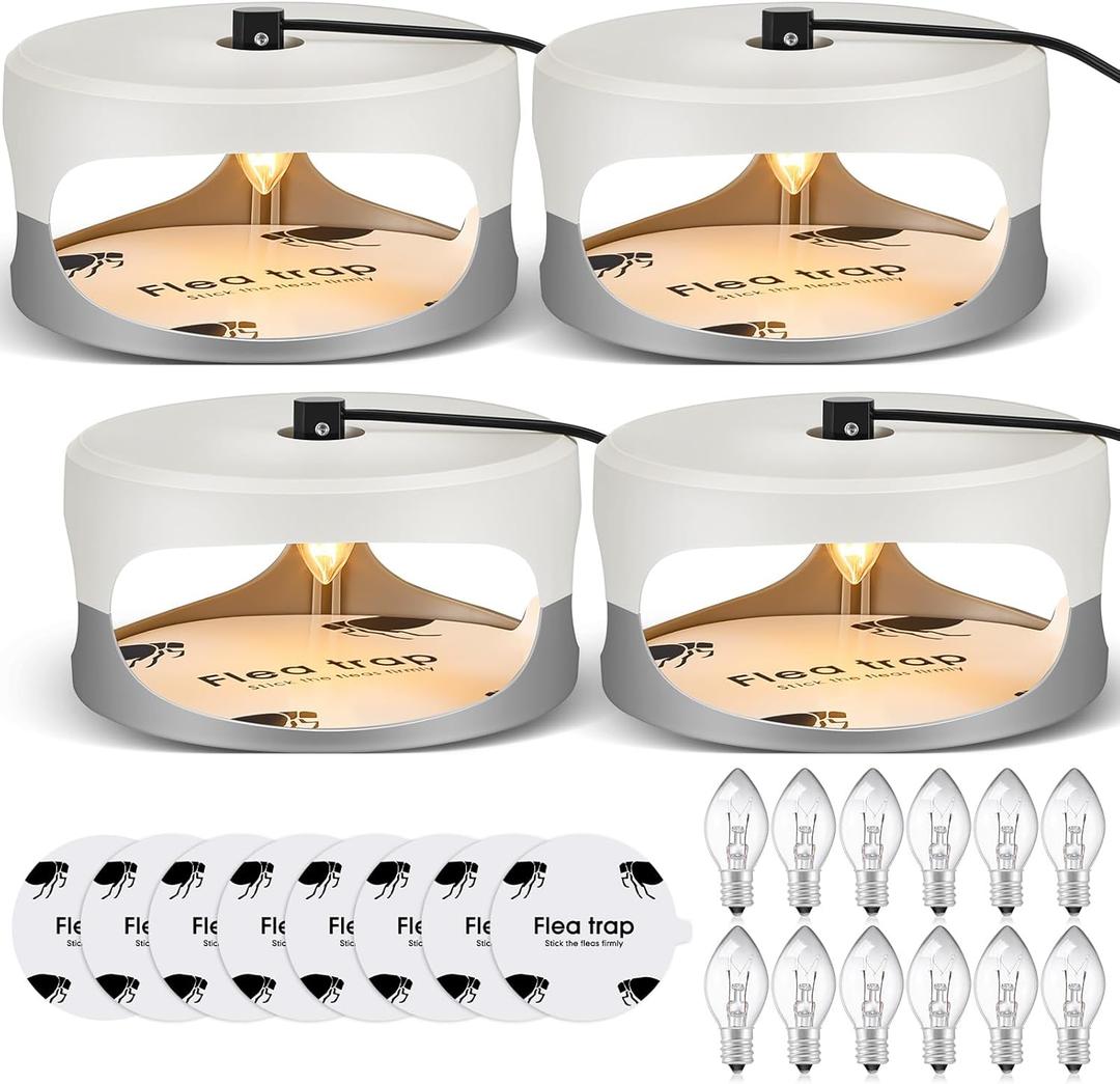 4 Packs Flea Traps for Inside Your Home with 8 Sticky Disc 12 Bulbs 4 Electric Wires Flea Killer Indoor Bed Bug Light Trap for Home Indoor Safe to Pets(White, Gray)