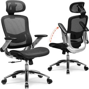 GTPLAYER Big and Tall Ergonomic Mesh Office Chair, High Back Home Desk Chair Computer Gaming Chair with Headrest, Flip-Up Arms, 90-125 Tilt Lock and Wide Cushion, Task Chair for Man Woman-Deep Black, Medium