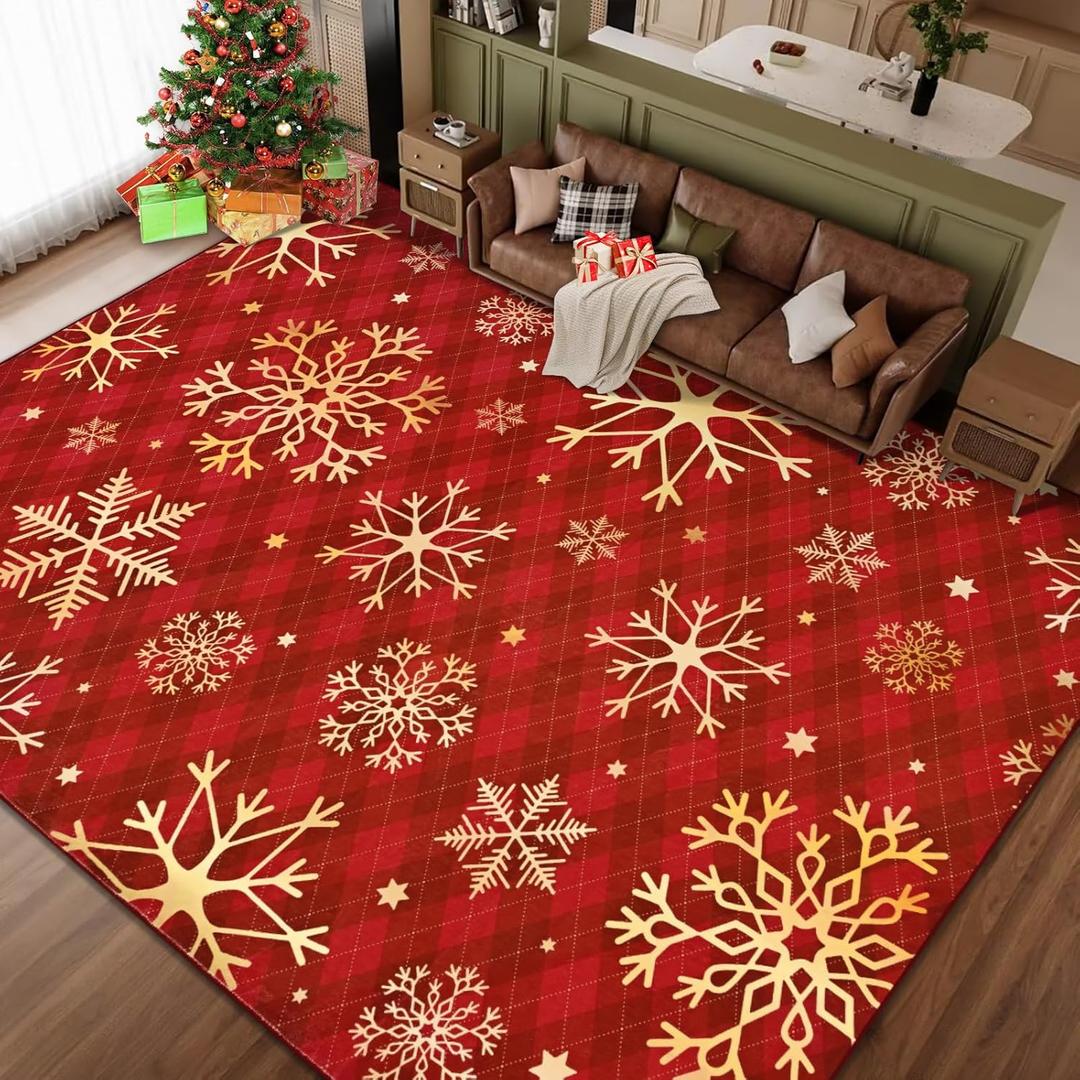 Likiyol Christmas Area Rug 5x7 Rugs for Living Room Soft Washable Bedroom Rug Non Slip Snowflake Xmas Throw Rugs Winter Checkered Christmas Carpet for Dining Room, Holiday Decor, Low Pile, Red Gold