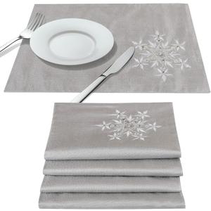 OWENIE Christmas Table Placemats Set of 4, Silver Placemats with Sequins Embroidery, Grey Place Mats for Dining Table, Xmas Holiday Tabletop Decor, Winter Table Decorations, Farmhouse 13 X 19 Inch