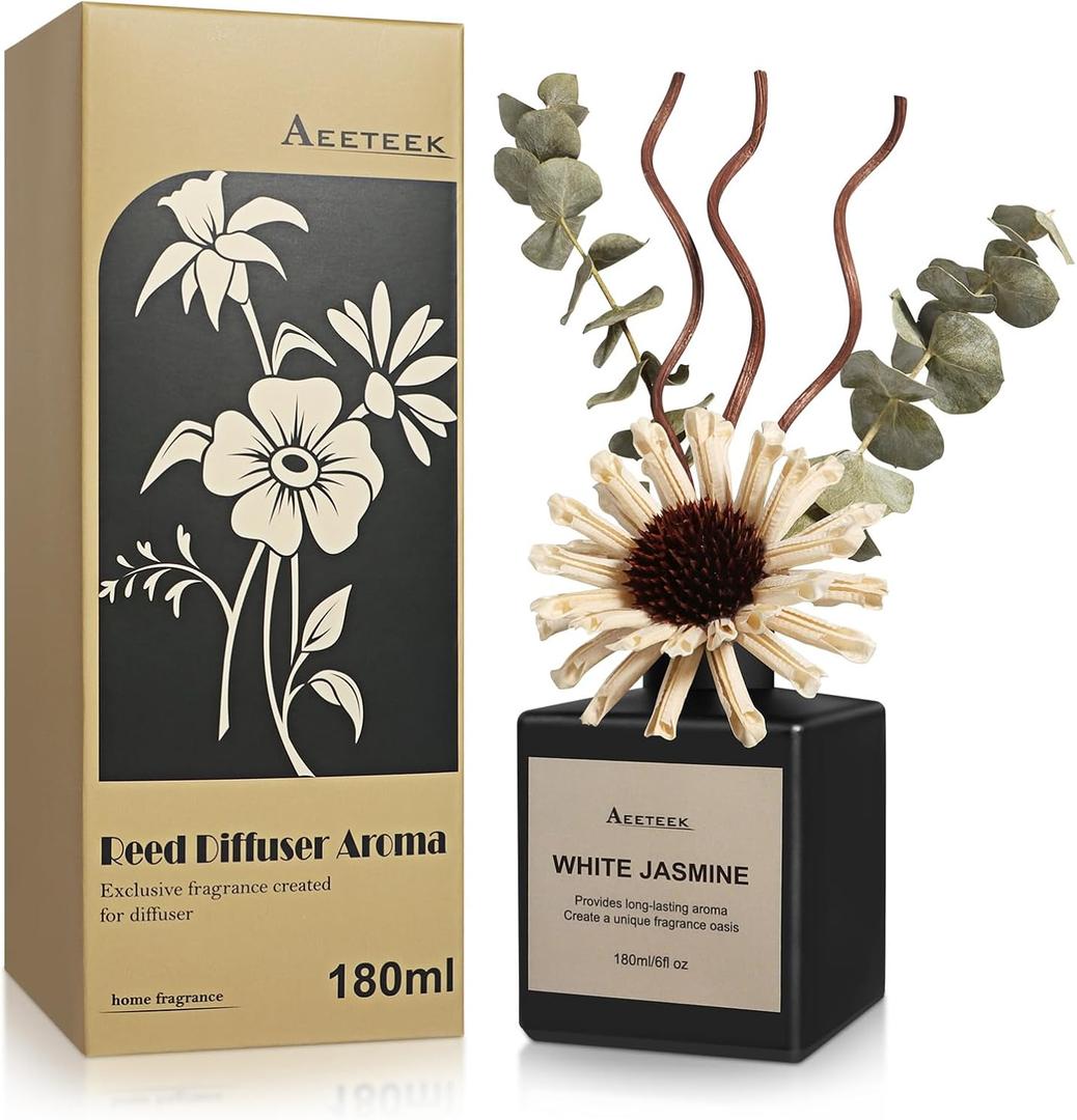 Reed Diffuser Set, White Jasmine Scented Oil with Dried Flowers, 6.09 Fl Oz(180ml) Long Lasting Air Freshener with Diffuser Sticks, Home Fragrance for Office Bathroom Decor