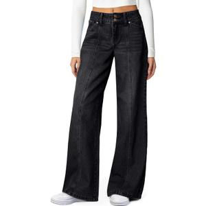 Sidefeel Women's Wide Leg Jeans High Waisted Stretchy Straight Leg Jeans Trendy Seamed Front Loose Denim Pants (Black)size 4