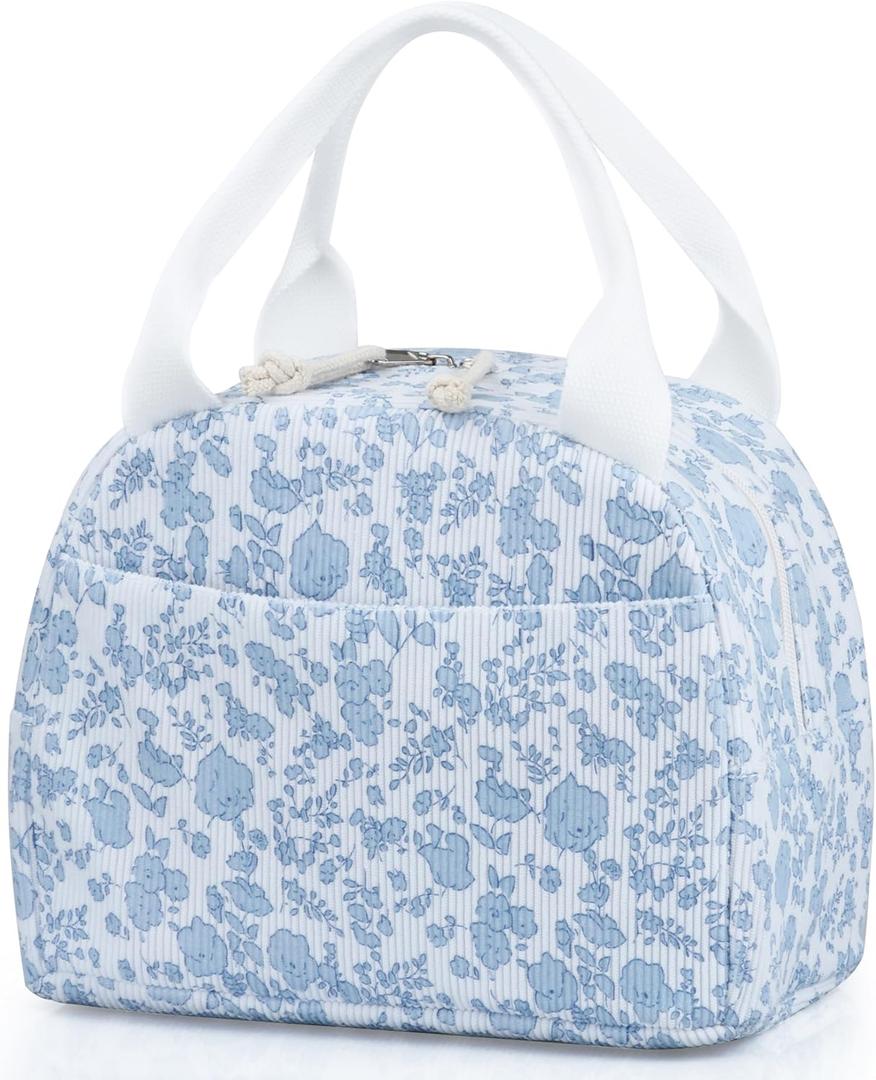 Lunch Bag - Insulated Lunch Box for Women, Reusable Large Capacity Cooler Bag for Adult, Small Leakproof Cute Corduroy Lunch Tote for Work Office Travel Picnic (Corduroy Blue-Flower)