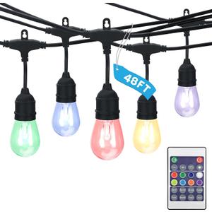 LUXRITE 48FT LED RGBW Outdoor String Lights, Remote Control Color Changing Cafe Lights, Commercial Grade Waterproof, 24 Edison S14 Shatterproof Bulbs, IP65, Dimmable Outside Hanging Lights for Patio