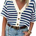 Saodimallsu Womens Short Sleeve Striped Cardigan Sweaters Crochet Knit Button Down Shirts V Neck Spring Summer Tops (Blue, XL)