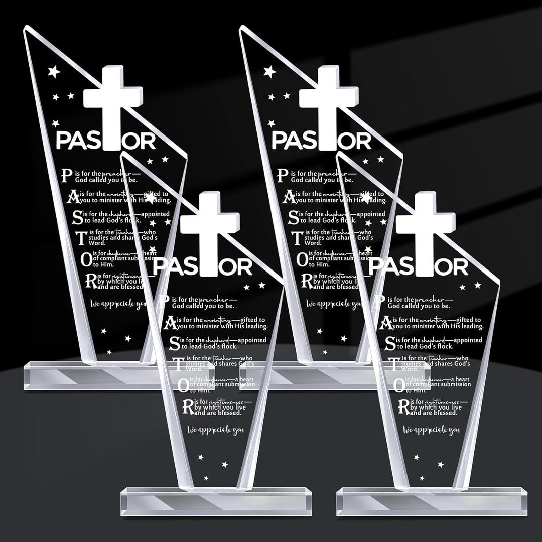 Kosiz 4 Pastor Appreciation Gifts Christian Decorations Acrylic Cross Plaques for Men Women Church Retirement Keepsake Religious Thank You Decor Gratitude Saying Sign (Stylish Pastor)